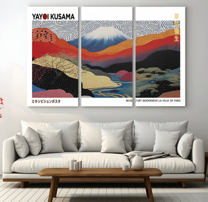 14839-MGV-CV-48X32-3P-Yayoi Kusama Wall Art – Panoramic Mountain & River Canvas Print, Modern Abstract Japanese Landscape Decor for Living Room or