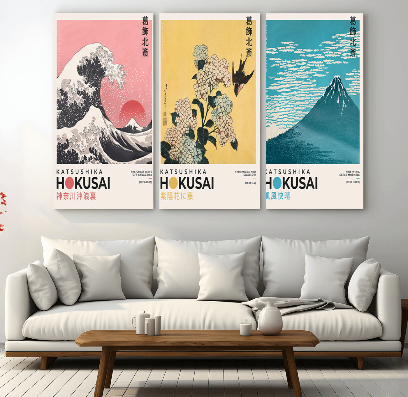 Katsushika-MGV-CV-36X24-Katsushika Hokusai Wall Art Set – The Great Wave, Hydrangea and Swallow, Fine Wind Canvas Prints, Japanese Ukiyo e Style Home and