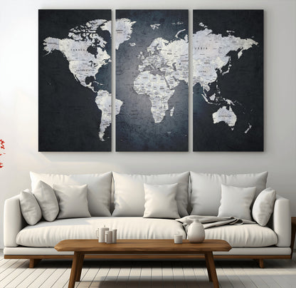 19124-MGV-CV-36X24-Modern World Map Wall Art – Black and White Canvas Print, Minimalist Global Map Decor for Office, Study, Bedroom or Living Room