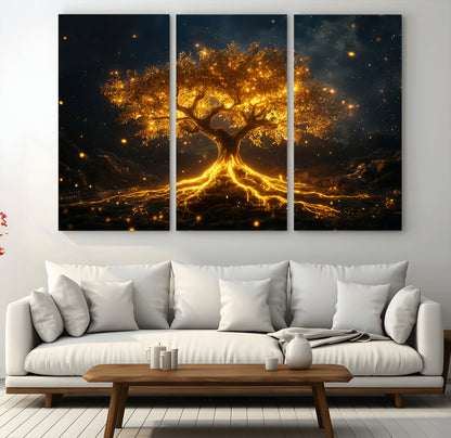 60194-MGV-CV-36X24-Glowing Tree Wall Art – Golden Roots Fantasy Canvas Print, Mystical Illuminated Tree Painting Poster for Living Room, Bedroom,