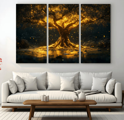 59580-MGV-CV-36X24-Glowing Tree Wall Art – Golden Fantasy Nature Canvas Print, Mystical Illuminated Tree Painting Poster for Living Room, Bedroom,