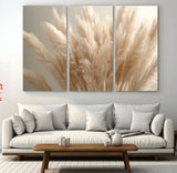 50300-MGV-CV-48X32-3P-Pampas Grass Wall Art Canvas Print, Framed Minimalist Pampas Grass Art Picture Print, Beige Pampas Grass Perfect Minimalist Boho