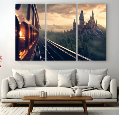 84029-MGV-CV-48X32-3P-Fantasy Castle Wall Art – Magical Train Sunset Forest Canvas Print, Enchanted Landscape Painting Poster for Living Room, Bedroom,