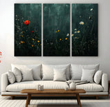 26218-MGV-CV-48X32-3P-Wildflower Wall Art – Dark Botanical Floral Canvas Print, Modern Nature Painting Poster with Daisy Poppy Yellow Flowers for Living
