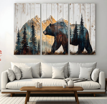 90077-MGV-CV-48X32-3P-Wood Grizzly Bear Wall Art Canvas Print, Framed Abstract Bear Art Picture Print, Bear in Forest Perfect Rustic Lodge Decor Artwork