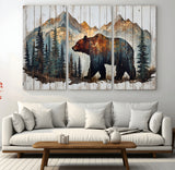 55777-MGV-CV-48X32-3P-Rustic Bear Wall Art Canvas Print, Framed Mountain and Forest Art Picture Print, Wooden Bear Perfect Rustic Lodge Decor Artwork