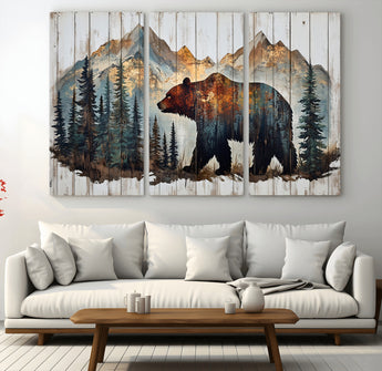 55777-MGV-CV-48X32-3P-Rustic Bear Wall Art Canvas Print, Framed Mountain and Forest Art Picture Print, Wooden Bear Perfect Rustic Lodge Decor Artwork