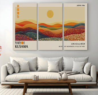 88180-MGV-CV-48X32-3P-Yayoi Kusama Landscape Wall Art – Abstract Dotted Mountain Canvas Print, Retro Sun Poster for Modern Living Room, Office or