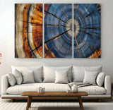 10583-MGV-CV-36X24-Tree Ring Wall Art – Abstract Wood Grain Canvas Print with Blue and Brown Tones, Nature Inspired Rustic Artwork for Living Room,