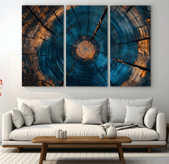 13398-MGV-CV-36X24-Tree Ring Wall Art – Abstract Wood Grain Canvas Print with Blue and Orange Accents, Rustic Nature Inspired Artwork for Living