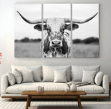 20272-MGV-CV-36X24-Texas Longhorn Wall Art – Black and White Cowboy Western Canvas Print, Rustic Farmhouse Cattle Photography Decor for Ranch, Barn