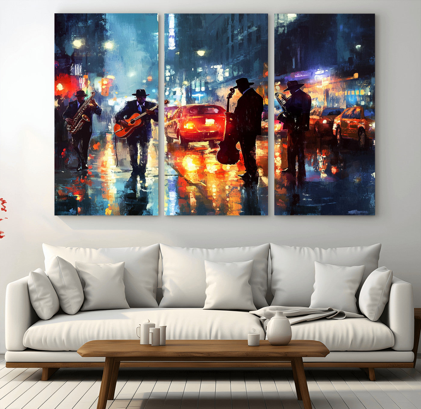 94605-MGV-CV-36X24-City Jazz Night Wall Art – Vibrant Music Canvas Print Featuring Saxophone, Guitar and Bass Players, Urban Street Scene Artwork for