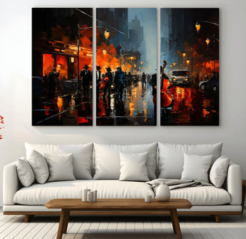 46538-MGV-CV-36X24-Urban Jazz Night Wall Art – Dramatic Music Canvas Print with Double Bass and Street Musicians, Modern City Scene Artwork for