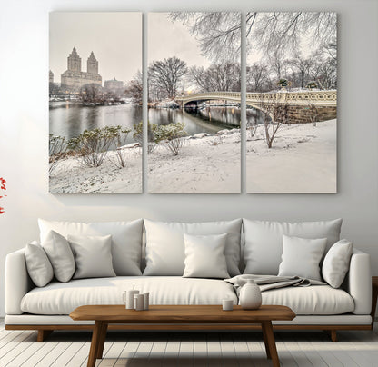 60292-MGV-CV-36X24-Central Park Winter Wall Art – Snowy Bow Bridge Canvas Print, Scenic New York City Landscape Photography for Living Room, Bedroom