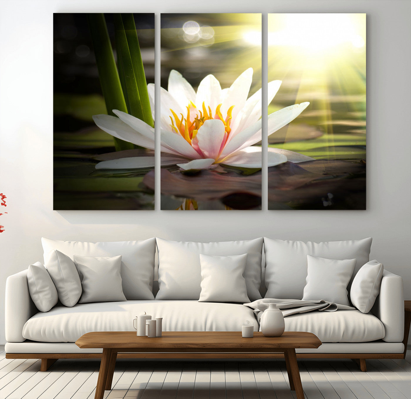 40478-MGV-CV-36X24-Water Lily Wall Art – White Lotus Flower Canvas Print with Sunlight Reflection, Serene Botanical Artwork for Living Room, Bedroom,