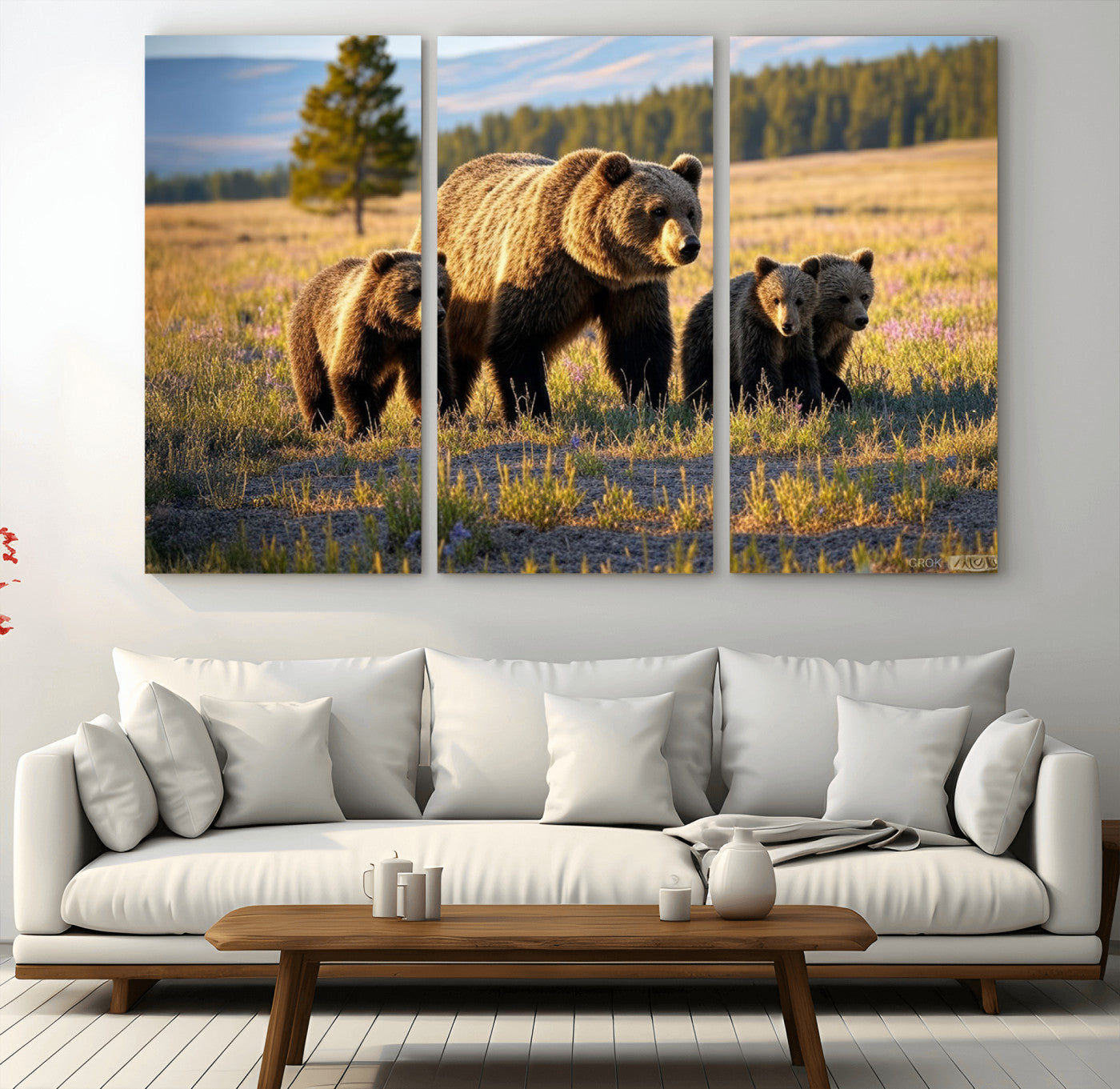 43400-MGV-CV-36X24-Bear Family Wall Art – Wildlife Canvas Print of Mother Bear with Cubs in Sunlit Meadow, Rustic Animal Artwork for Living Room,