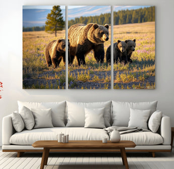 43400-MGV-CV-36X24-Bear Family Wall Art – Wildlife Canvas Print of Mother Bear with Cubs in Sunlit Meadow, Rustic Animal Artwork for Living Room,