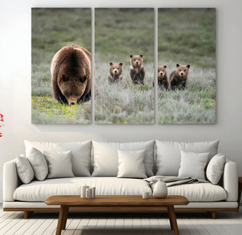 40555-MGV-CV-36X24-Bear Family Wall Art – Wildlife Canvas Print of Mother Bear with Four Cubs in Nature, Rustic Animal Artwork for Living Room,