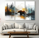 50308-MGV-CV-48X32-3P-Abstract Rustic Bear Wall Art – Forest and Mountain Scene Canvas Print, Nature Artwork for Modern Farmhouse or Log Cabin Decor