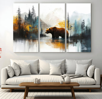 50308-MGV-CV-48X32-3P-Abstract Rustic Bear Wall Art – Forest and Mountain Scene Canvas Print, Nature Artwork for Modern Farmhouse or Log Cabin Decor