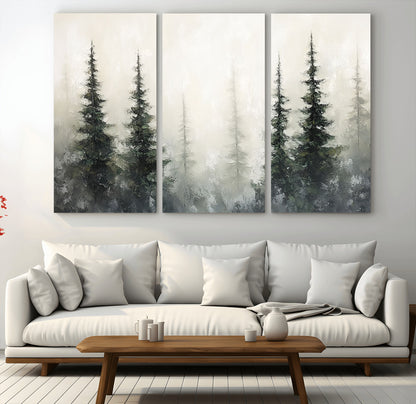33241-MGV-CV-48X32-3P-Misty Forest Wall Art Canvas Print, Framed Foggy Pines Art Picture Print, Forest Haze Perfect Rustic Minimalist Decor Artwork