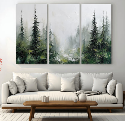 76014-MGV-CV-36X24-Forest Wall Art – Textured Canvas Print Featuring Misty Evergreen Pines and Woodland Landscape, Rustic Nature Artwork for Living