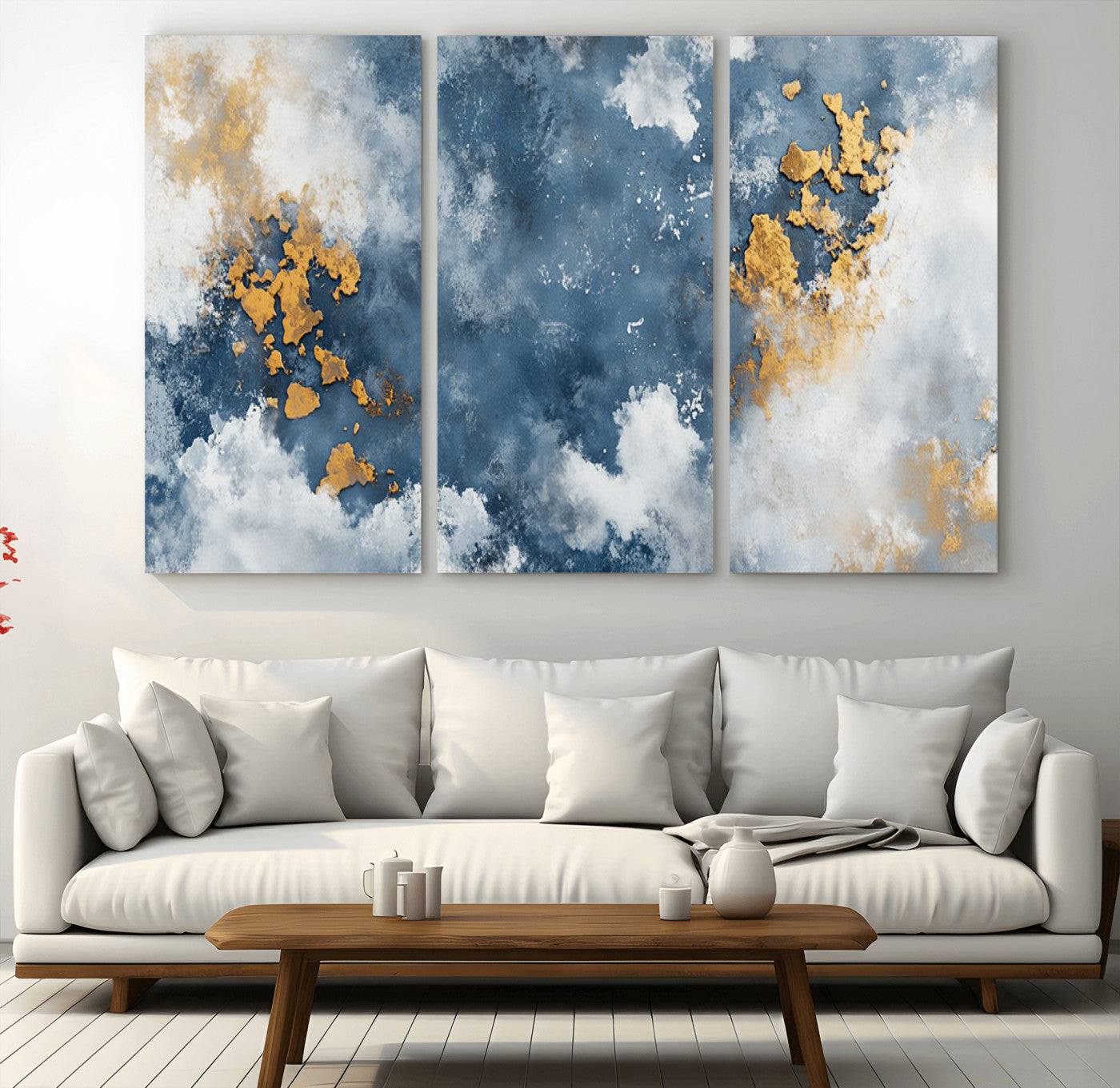 39575-MGV-CV-36X24-Blue and Gold Abstract Wall Art – Modern Canvas Print Featuring Cloudy Textures with Metallic Accents, Contemporary Artwork for