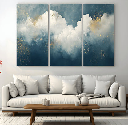 75131-MGV-CV-36X24-Abstract Cloud Wall Art – Modern Canvas Print Featuring Blue and White Clouds with Golden Accents, Contemporary Artwork for Living