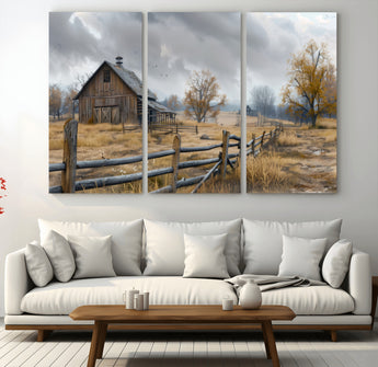 Farm1-MGV-CV-48X32-3P-Rustic Autumn Farmhouse Wall Art – Serene Countryside Scene Canvas Print, Weathered Barn and Autumn Trees Decor for Living Room,