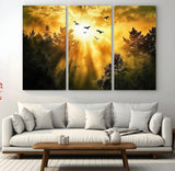 13776802-MGV-CV-48X32-3P-Golden Forest Wall Art Canvas Print, Framed Sunset Pines Art Picture Print, Flying Birds Perfect Nature Glow Decor Artwork
