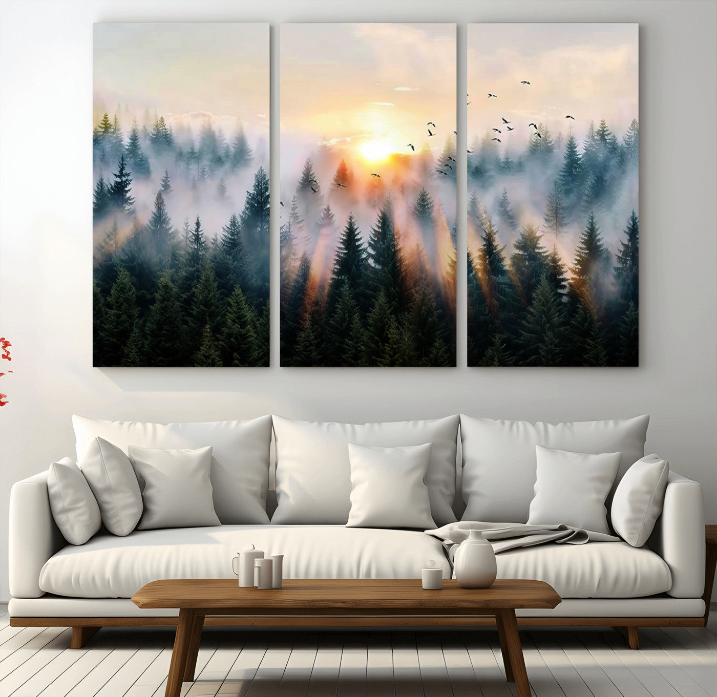 56391411-MGV-CV-36X24-Misty Forest Wall Art Canvas Print, Framed Sunrise Pines Art Picture Print, Moody Pines Perfect Serene Woodland Decor Artwork