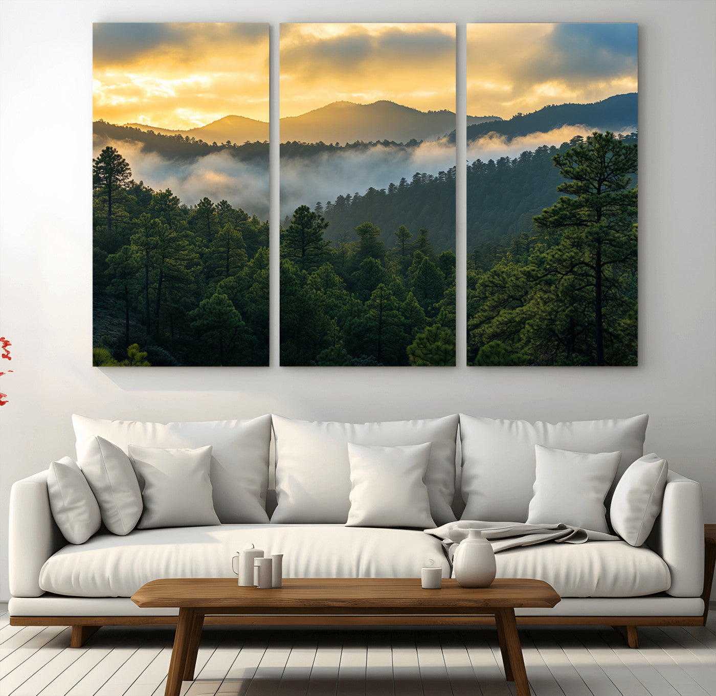 68082278-MGV-CV-36X24-Mountain Sunrise Wall Art Canvas Print, Framed Pine Forest Art Picture Print, Misty Mountains Perfect Earthy Woodland Decor