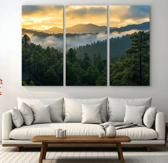 68082278-MGV-CV-36X24-Mountain Sunrise Wall Art Canvas Print, Framed Pine Forest Art Picture Print, Misty Mountains Perfect Earthy Woodland Decor