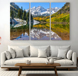 87724099-MGV-CV-36X24-Maroon Bells Wall Art Canvas Print, Framed Snowy Mountains Art Picture Print, Pine Forest Perfect Vibrant Alpine Decor Artwork