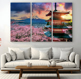 32331262-MGV-CV-48X32-3P-Mount Fuji Japan Wall Art – Cherry Blossom Landscape Canvas Print, Chureito Pagoda Sunset Photography, Japanese Nature Travel