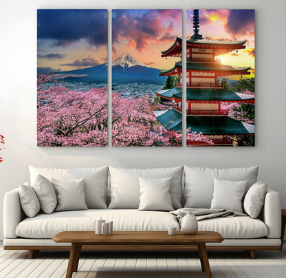 32331262-MGV-CV-48X32-3P-Mount Fuji Japan Wall Art – Cherry Blossom Landscape Canvas Print, Chureito Pagoda Sunset Photography, Japanese Nature Travel