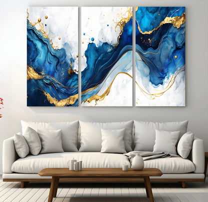 33506371-MGV-CV-36X24-Blue Marble Wall Art Canvas Print, Framed Gold Splash Art Picture Print, Abstract Wave Perfect Modern Luxe Decor Artwork