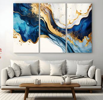 60283636-MGV-CV-36X24-Blue Gold Flow Wall Art Canvas Print, Framed Marble Texture Art Picture Print, Elegant Splash Perfect Elegant Abstract Decor