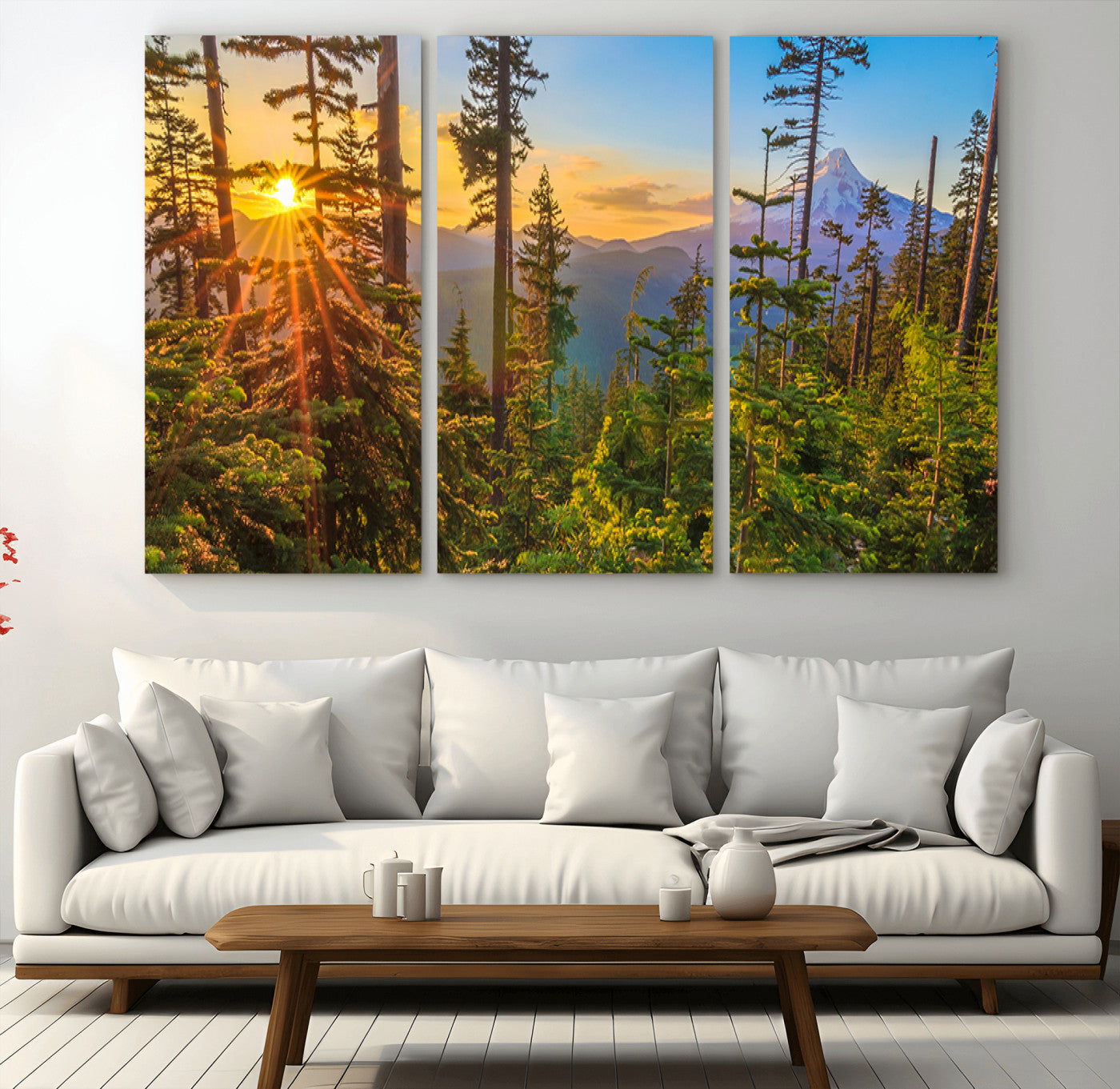 83544043-MGV-CV-36X24-Forest Sunset Wall Art Canvas Print, Framed Sunset Trees Art Picture Print, Green Pines Perfect Rustic Nature Decor Artwork