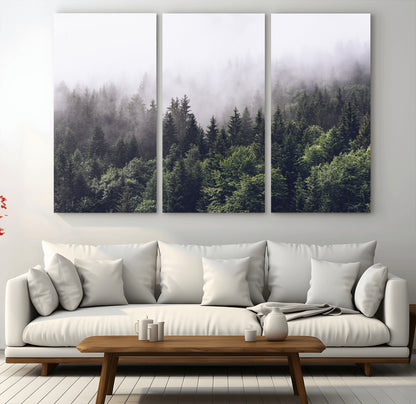 62890402-MGV-CV-36X24-Misty Forest Wall Art Canvas Print, Framed Foggy Pines Art Picture Print, Pine Valley Perfect Moody Woodland Decor Artwork