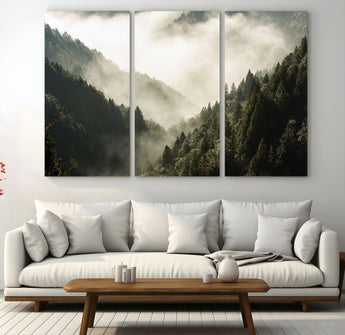 57570237-MGV-CV-36X24-Misty Valley Wall Art Canvas Print, Framed Foggy Forest Art Picture Print, Pine Trees Perfect Moody Woodland Decor Artwork