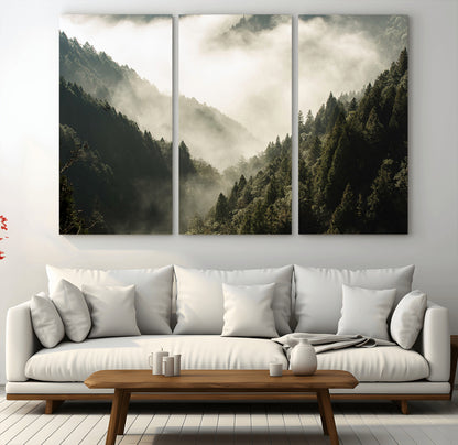 57570237-MGV-CV-36X24-Misty Valley Wall Art Canvas Print, Framed Foggy Forest Art Picture Print, Pine Trees Perfect Moody Woodland Decor Artwork