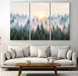 92718976-MGV-CV-36X24-Misty Forest Wall Art Canvas Print, Framed Sunrise Pines Art Picture Print, Foggy Woodland Perfect Moody Woodland Decor Artwork