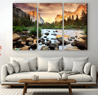 90956031-MGV-CV-36X24-Yosemite Valley Wall Art – Scenic Mountain River Landscape Canvas Print, Nature Photography for Living Room, Bedroom, Cabin,