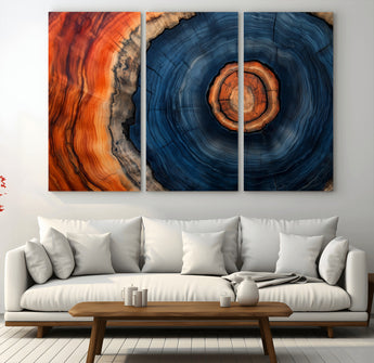 72209152-MGV-CV-36X24-Abstract Tree Ring Wall Art – Vibrant Blue Orange Wood Grain Canvas Print, Rustic Modern Nature Artwork for Living Room, Office,