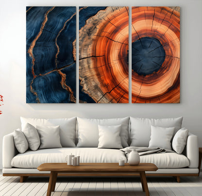 41123192-MGV-CV-36X24-Tree Ring Canvas Wall Art – Abstract Blue Orange Wood Grain Print, Rustic Modern Nature Artwork for Living Room, Bedroom, Office