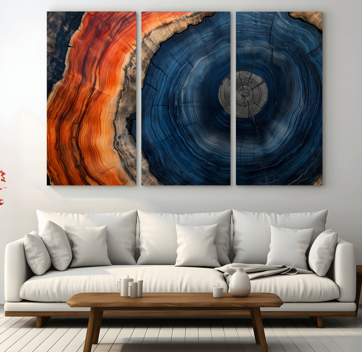 99491700-MGV-CV-36X24-Tree Ring Canvas Wall Art – Blue Orange Abstract Wood Grain Print, Rustic Modern Nature Artwork for Living Room, Office, Bedroom