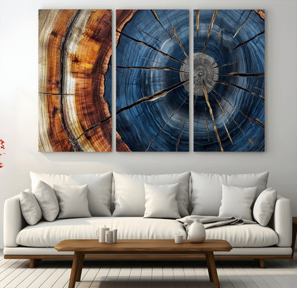 45268471-MGV-CV-36X24-Blue Tree Ring Wall Art – Rustic Wood Cross Section Canvas Print, Modern Abstract Nature Decor for Living Room, Office, or Cabin