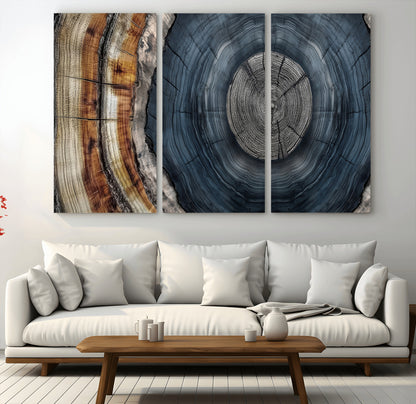 91368647-MGV-CV-36X24-Smoky Blue Tree Ring Wall Art – Rustic Wood Cross Section Canvas Print, Modern Nature Inspired Decor for Living Room, Office, or
