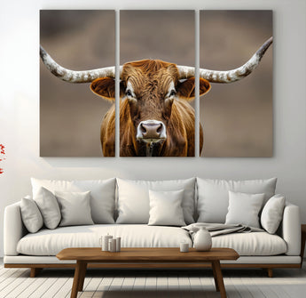 12179171-MGV-CV-36X24-Texas Longhorn Wall Art Canvas Print, Framed Brown Bull Art Picture Print, Lone Cattle Perfect Rustic Western Decor Artwork